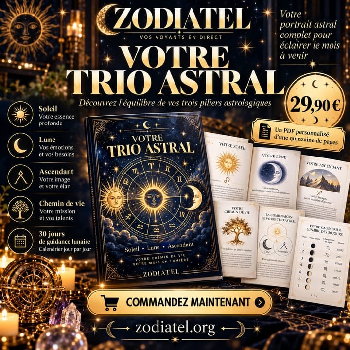 Votre trio astral, PDF personnalisé d'une quinzaine de pages à 29,90 € : Soleil, Lune, ascendant, chemin de vie et 30 jours de calendrier lunaire